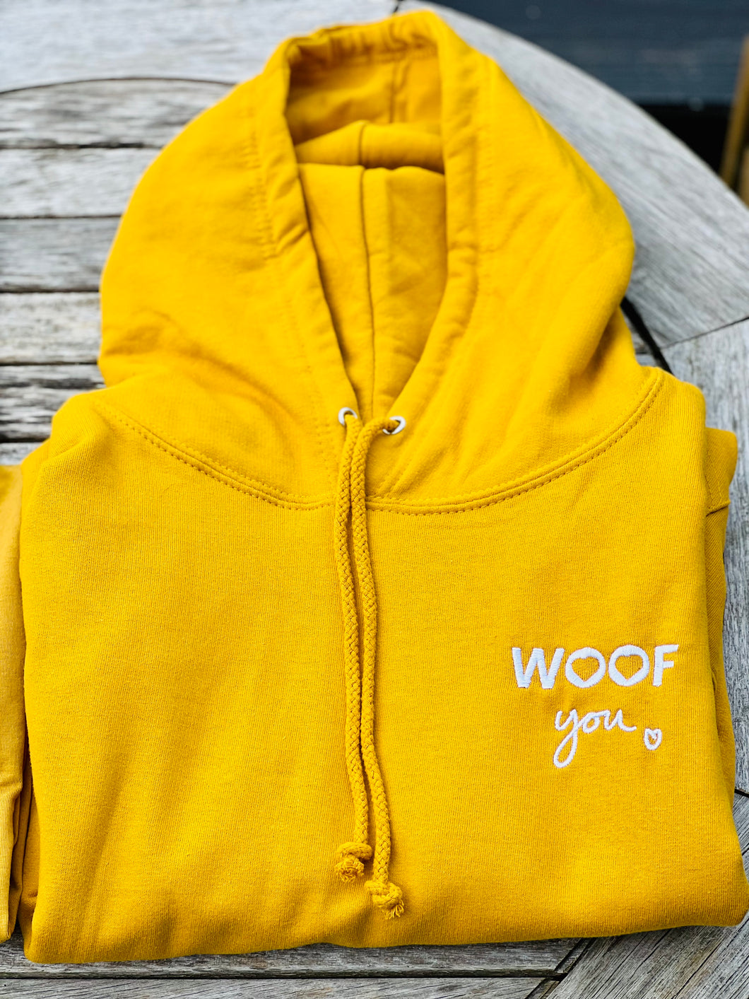 Mustard Embroidered Woof You Hoodie